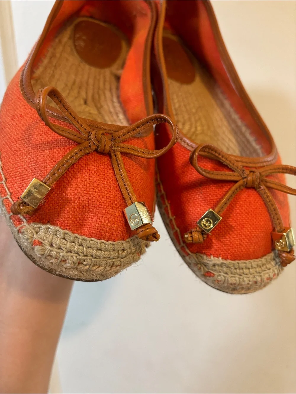 Michael Kors Orange Canvas Espadrille Ballet Flats with Leather Trim